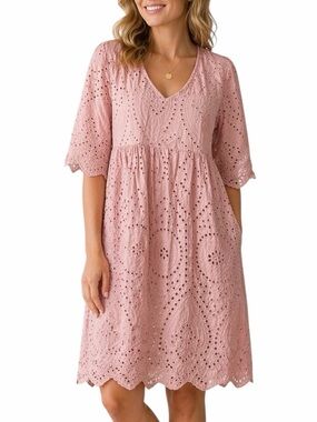 Maglificio Pink Eyelet Cotton Dress Made in Italy Size M Boho Summer Babydoll